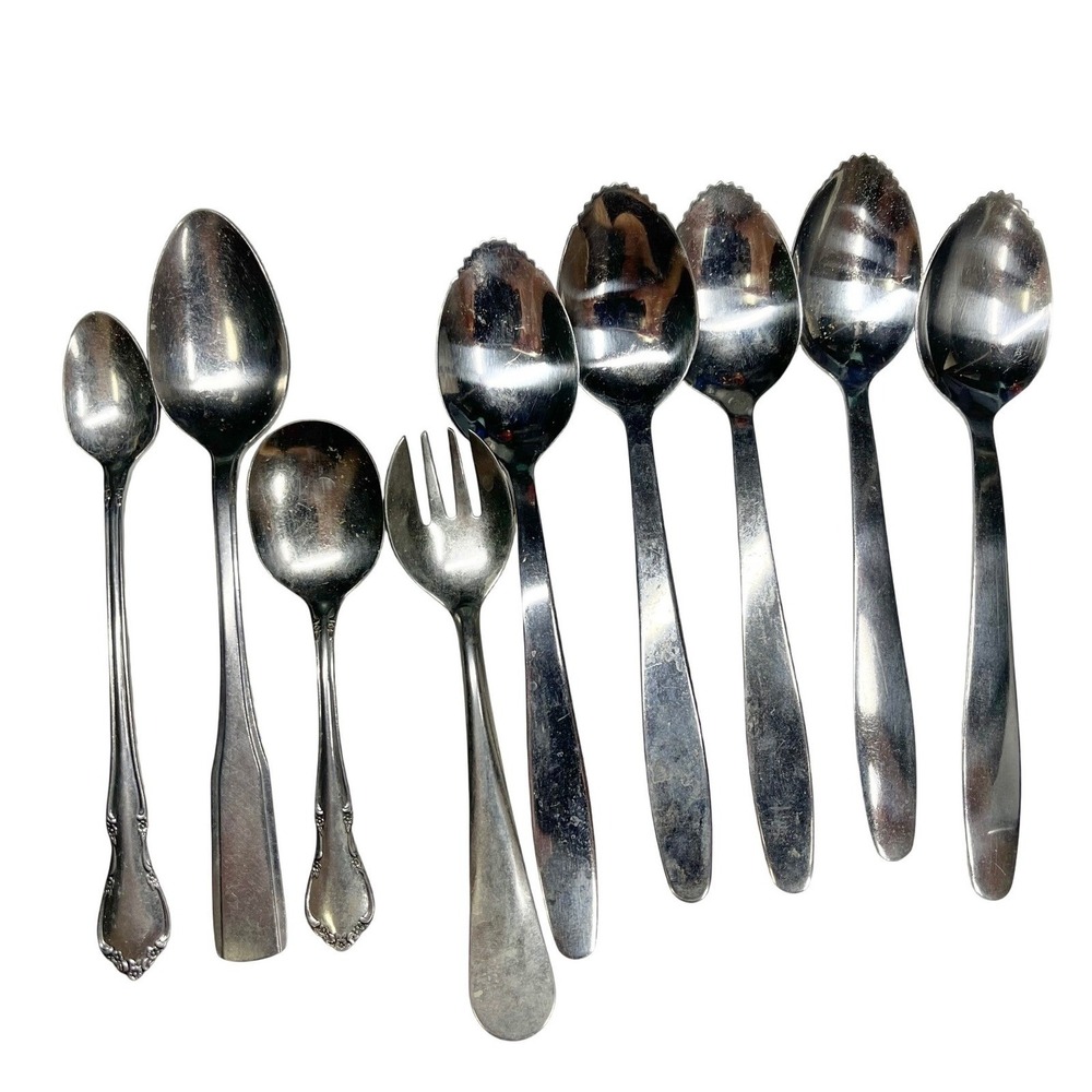 Assorted Stainless Steel Flatware Grapefruit‎ Spoons Fork 9pcs Needs Cleaning